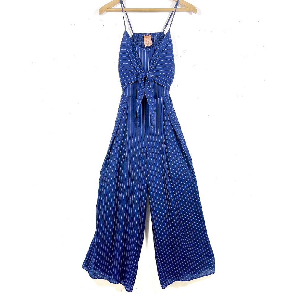 NWT Flying Tomato Navy Pinstripe Tie-Front Open Back Wide-Leg Jumpsuit XS